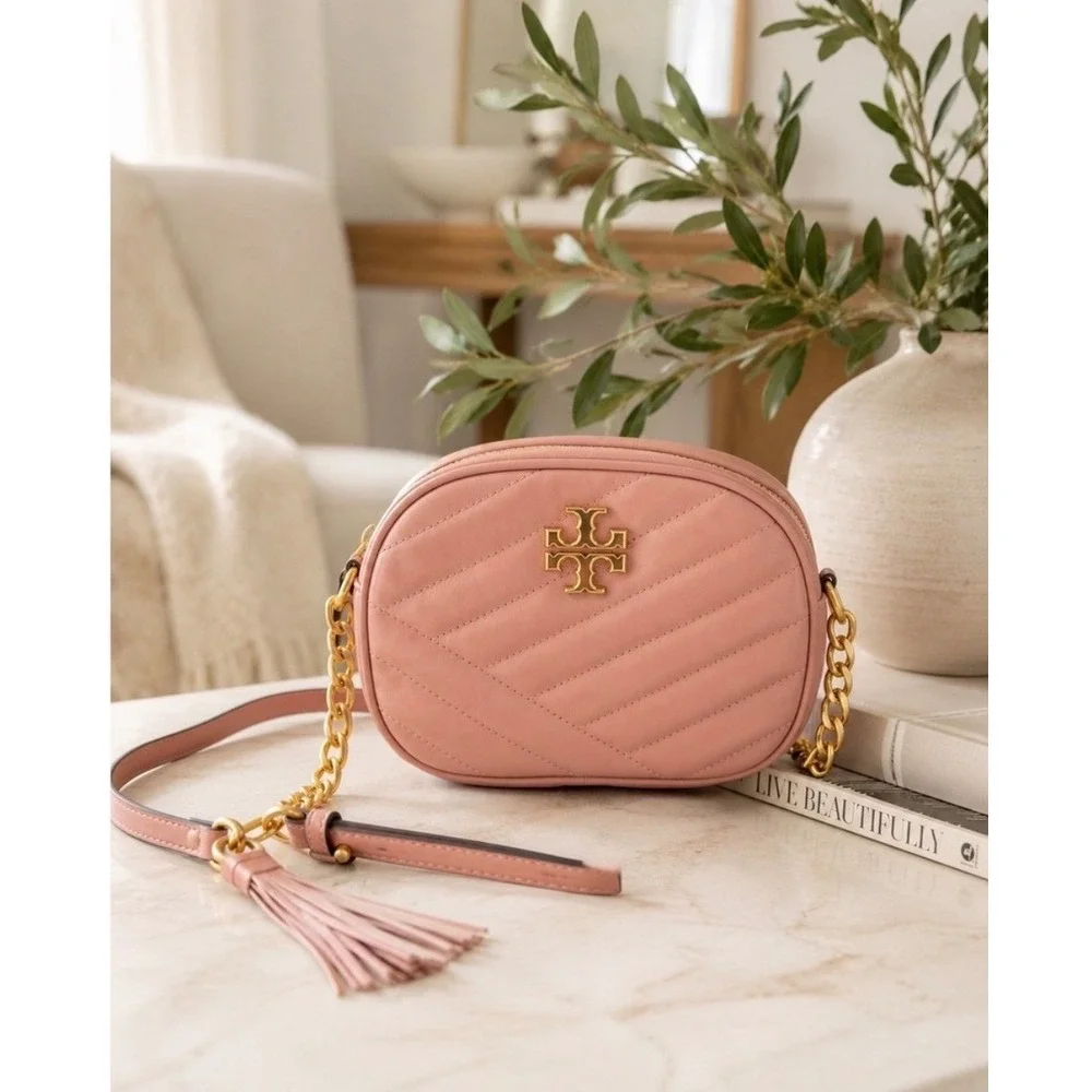 Tory Burch Kira Chevron Small Camera Bag Pink Moon Quilted Leather Crossbody
